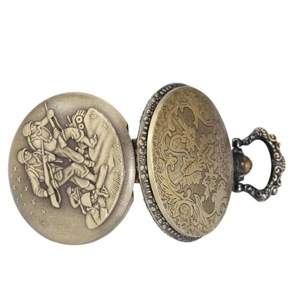 Bronze Quartz Pocket Watch Army Marine Military War Guns Tank • 31.5 Inch Chain - Picture 5 of 8